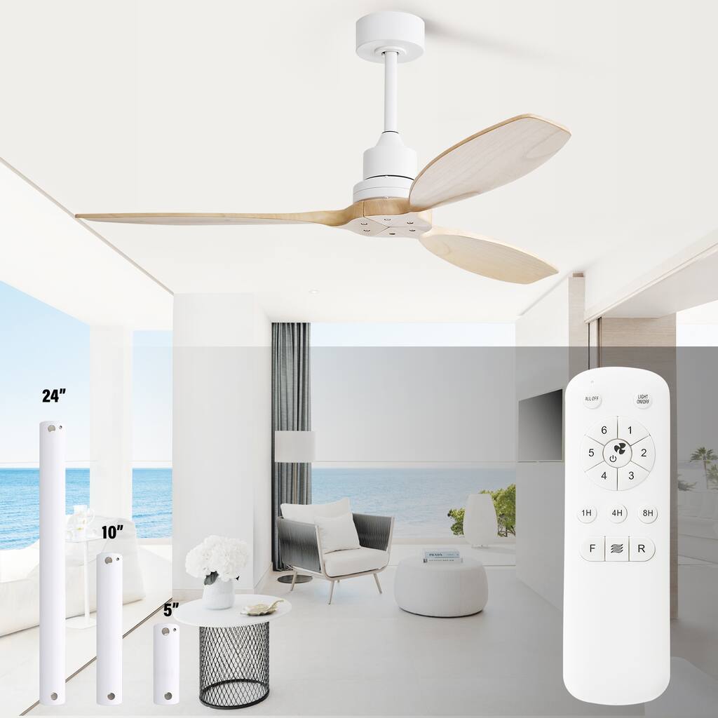 52" White Ceiling Fan with Remote,Reversible Wood Blades,Indoor and Outdoor,Angled Ceiling Adaptable