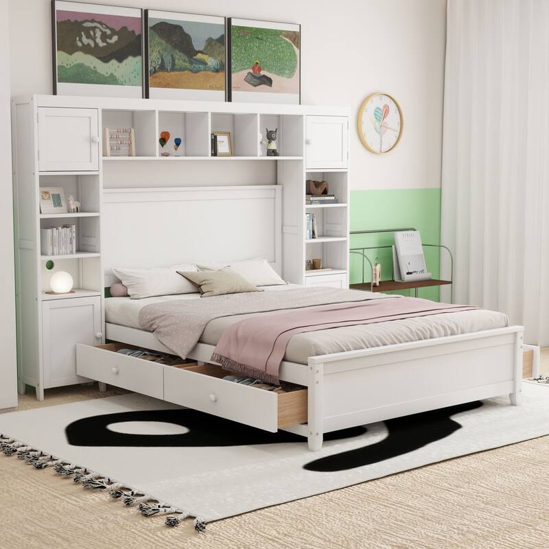 Modern Platform Bed with Integrated Cabinet, Trundle Bed and Drawers