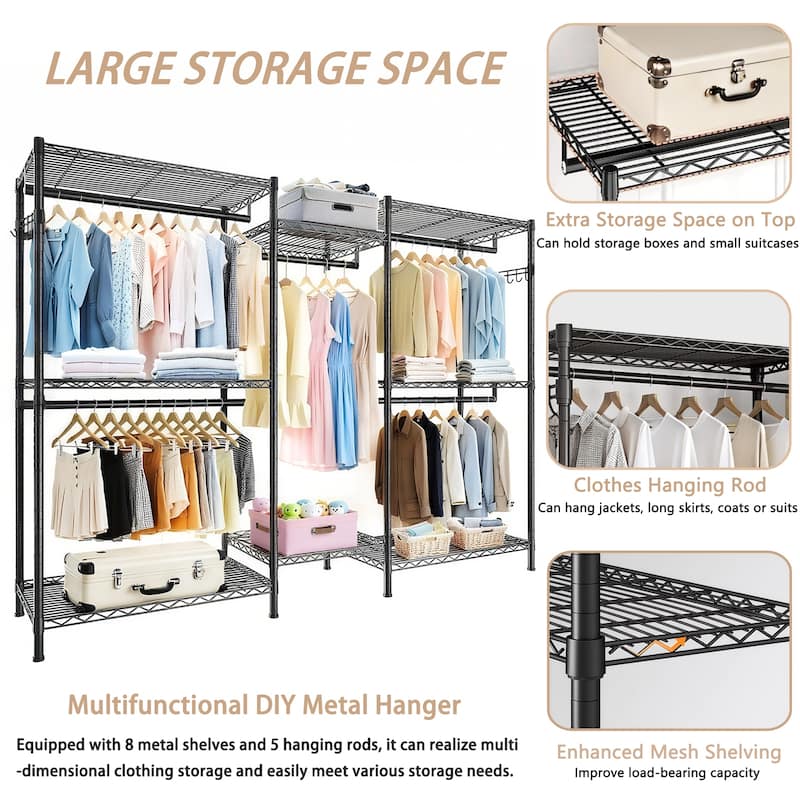 Heavy-Duty Adjustable Garment Rack Freestanding Closet Organizer with 8 Shelves & 5 Rails