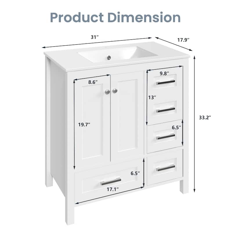 EROMMY All-in-One Bathroom Vanity with Ceramic Sink, Soft-Close Storage Cabinet & Drawer, Glossy Countertop, White