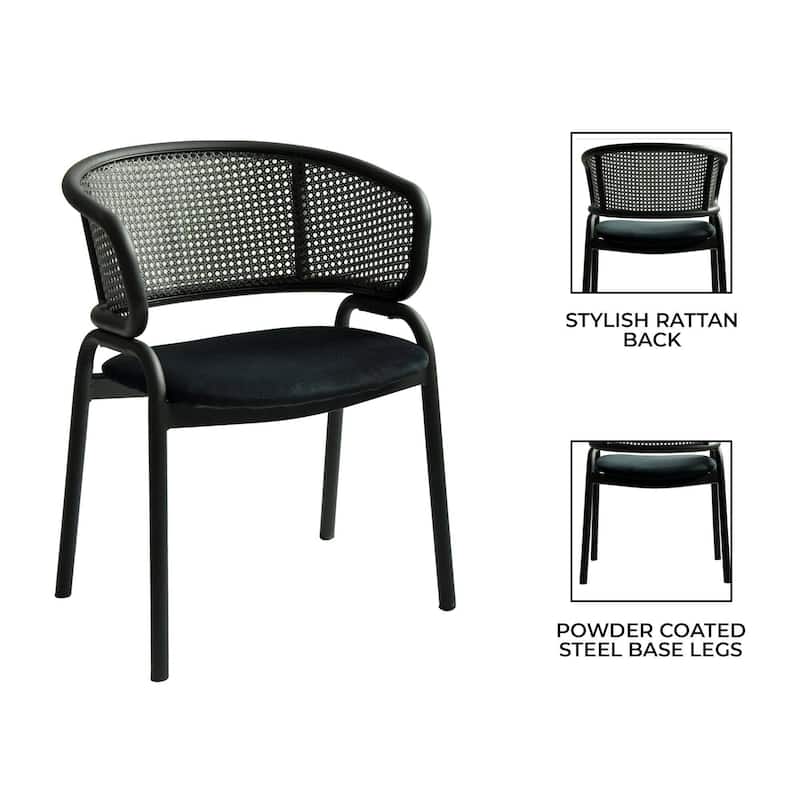 Ervilla Modern Upholstered Accent Side Chair with Wicker Back and Black Iron Legs for Dining Room & Kitchen, Set of 2