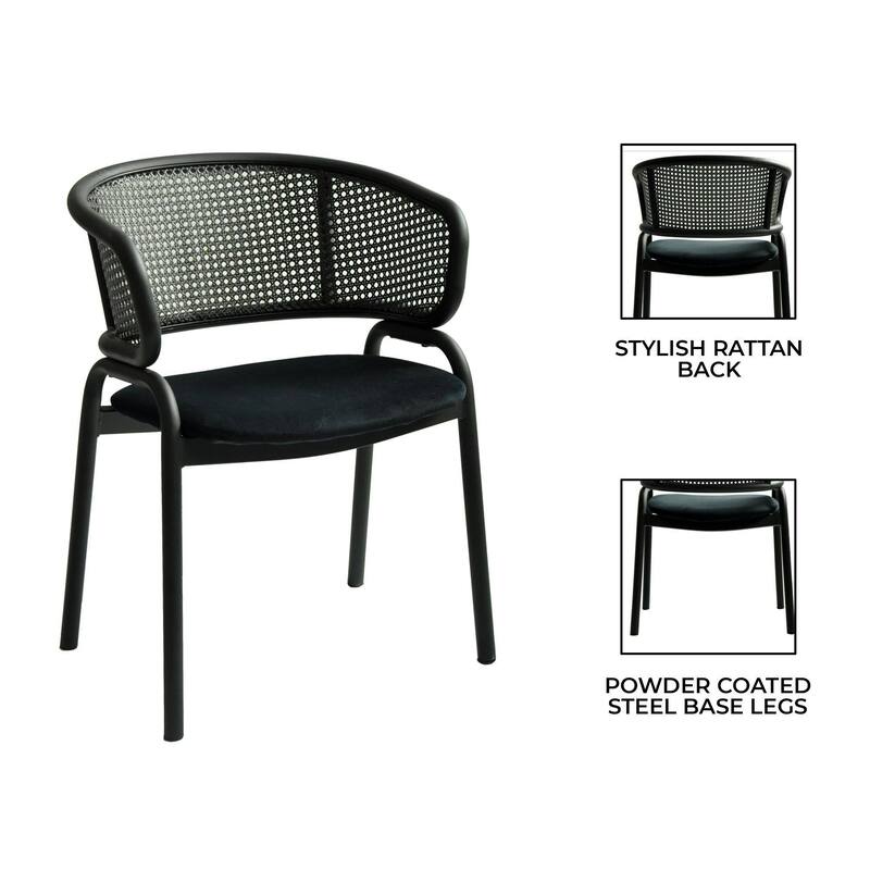 Ervilla Modern Upholstered Accent Side Chair with Wicker Back and Black Iron Legs for Dining Room & Kitchen, Set of 4