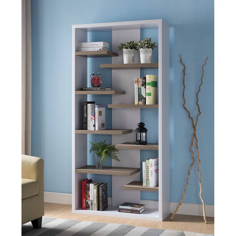 Mid Century Display Cabinet, Open Back Display Cabinet with 8 Shelves- White & Dark Taupe - White