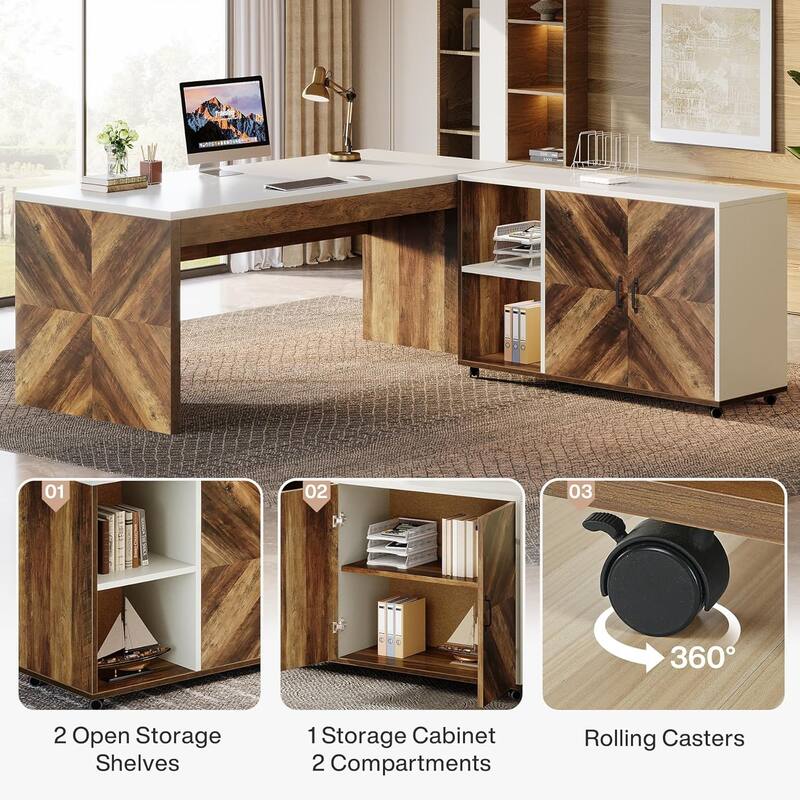 63-inch L-Shaped Desk, Modern Executive Office Desk with Mobile File Cabinet