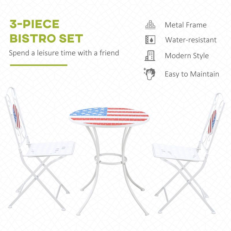 Outsunny 3 Piece Patio Bistro Set with Coffee Table and 2 Folding Chairs, Mosaic American Flag Tabletop and Backs