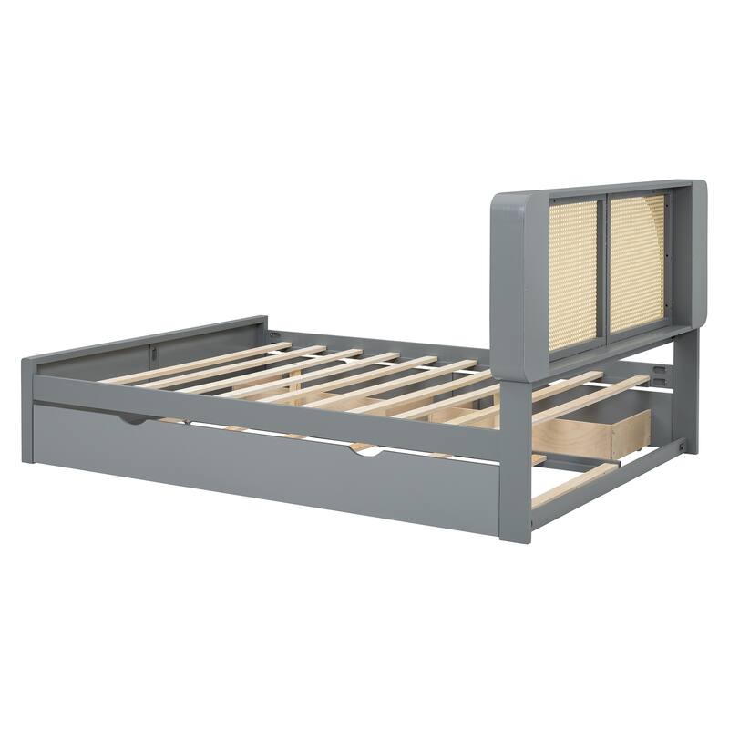 Queen Size Wooden Platform Bed with 2 Drawers and Pull-Out Trundle, Rattan Headboard Bed Frame with 4 Storage Compartments
