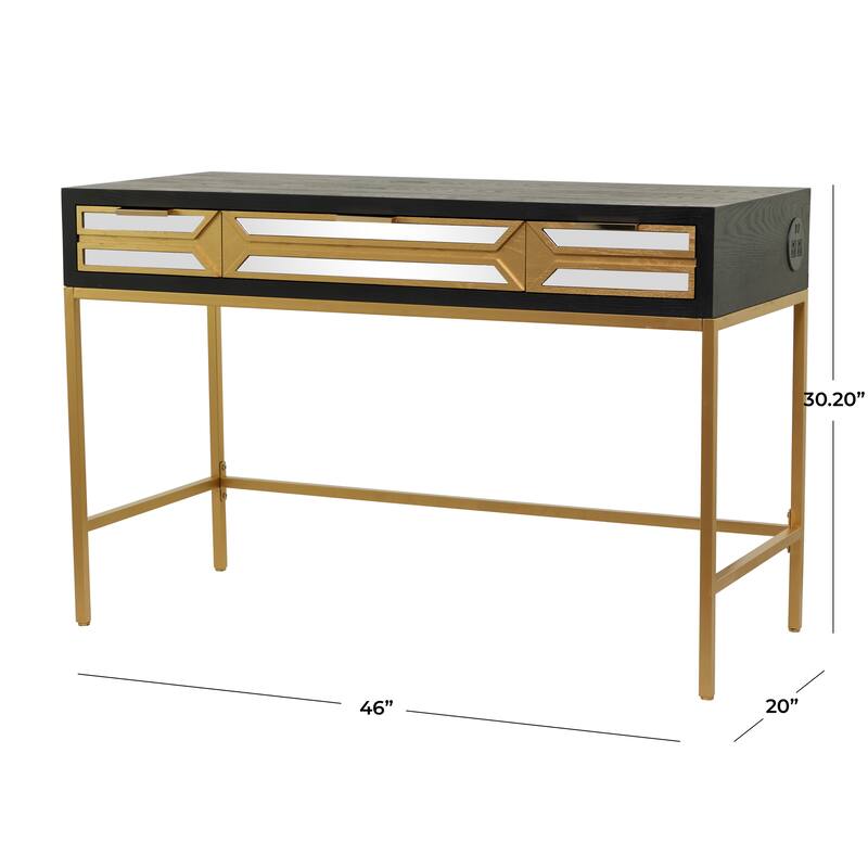Black Wooden 3 Drawers Desk with Mirrored Front and Outlet