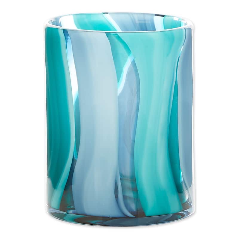 8.25" Blue and Silver Contemporary Ocean Waves Cylindrical Glass Vase