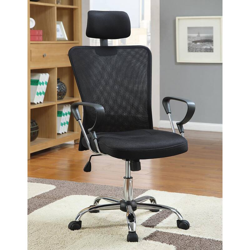 Contemporary Black Mesh Office Chair with Chrome Base, Height Adjustability, and Ergonomic Headrest for Ultimate Comfort - Black