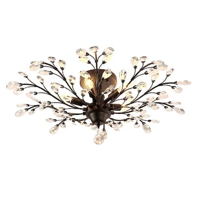 Crystal Semi Flush Mount Chandelier Branches Flower Shape Ceiling Lamp - 31.5"