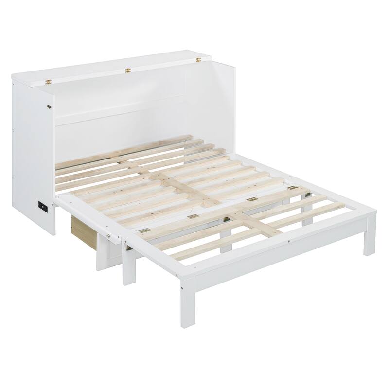 Space-Saving Full Murphy Bed with Drawers & Rattan Finish, Includes USB Port, Perfect for Multifunctional Rooms
