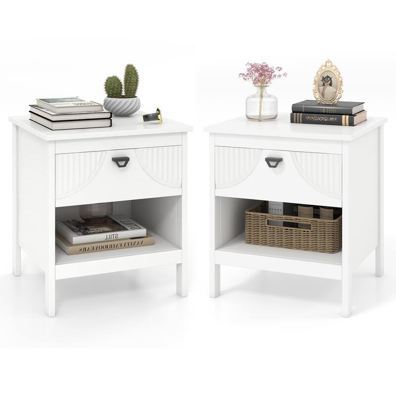 Gymax 2PCS 2-tier End Table w/Drawer Open Storage Shelf 2 Tiers - White - MDF