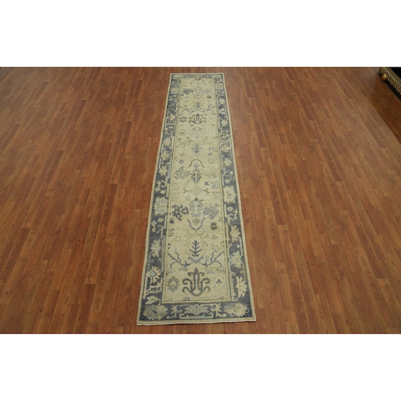 Vegetable Dye Wool Oushak Turkish Runner Rug, Floral Geometric Carpet - 11' 4'' X 2' 7''