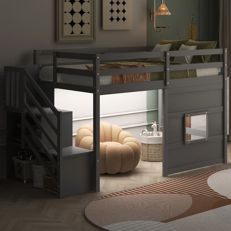 Gray Twin Loft Bed with Storage Staircase, Window & LED Lights - Space-Saving Kids Furniture - Gray