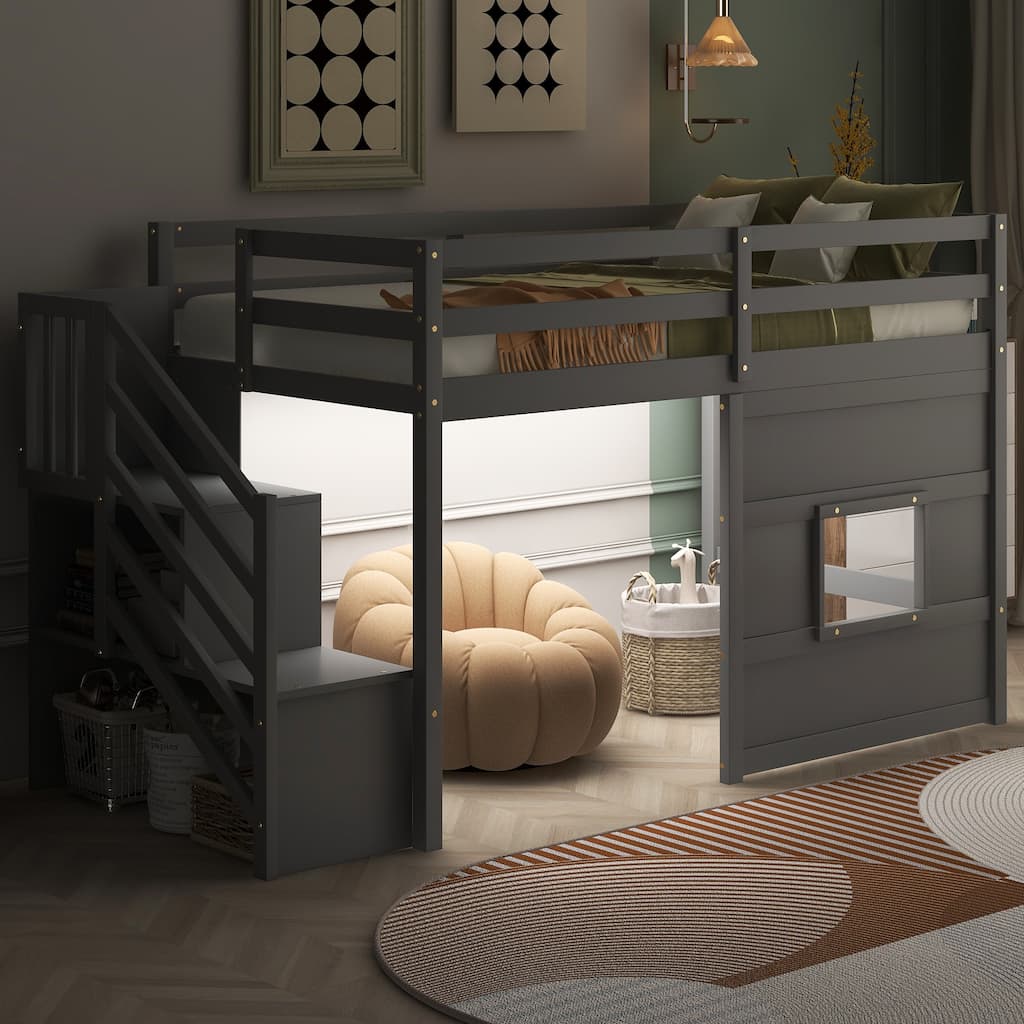 Gray Twin Loft Bed with Storage Staircase, Window & LED Lights - Space-Saving Kids Furniture