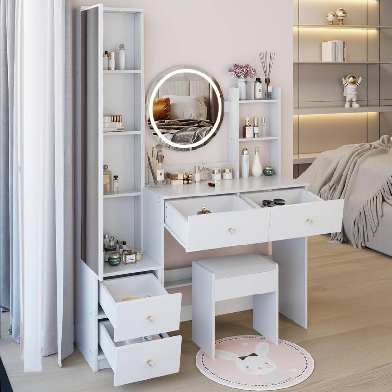 Round Mirror LED Vanity Table, Touch Control Makeup Cabinet, Vanity Set with Full Body Mirror Cabinet & Cushioned Stool