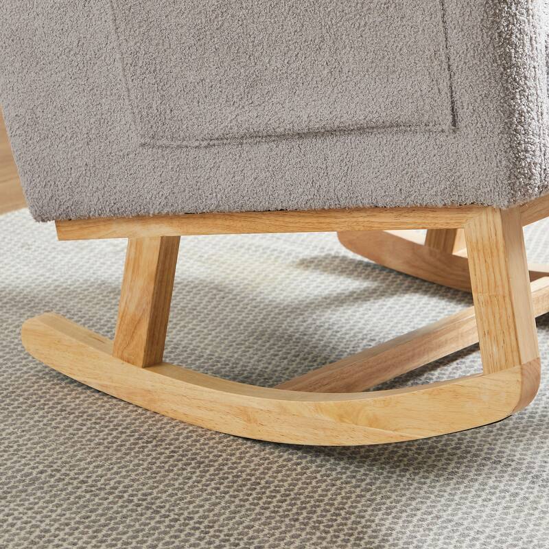 Grey Modern Upholstered Rocking Chair with Sturdy Thickened Rubber Wood Base and Side Pocket