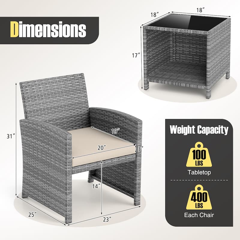 Outdoor Wicker Furniture Set 3 Piece with Cushions and Table - 18" × 18" × 17"
