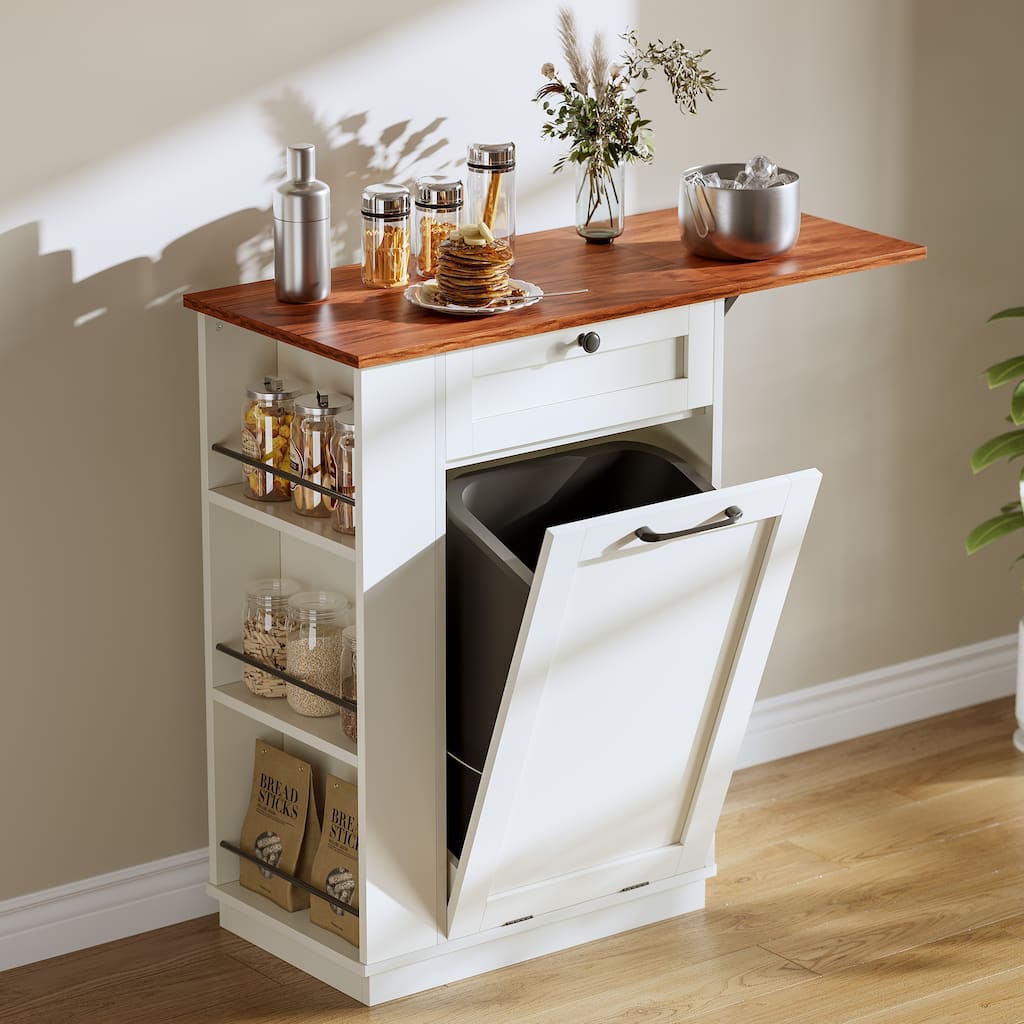 Moasis Tilt Out Trash Can Cabinet with Storage Drawer & Drop Leaf