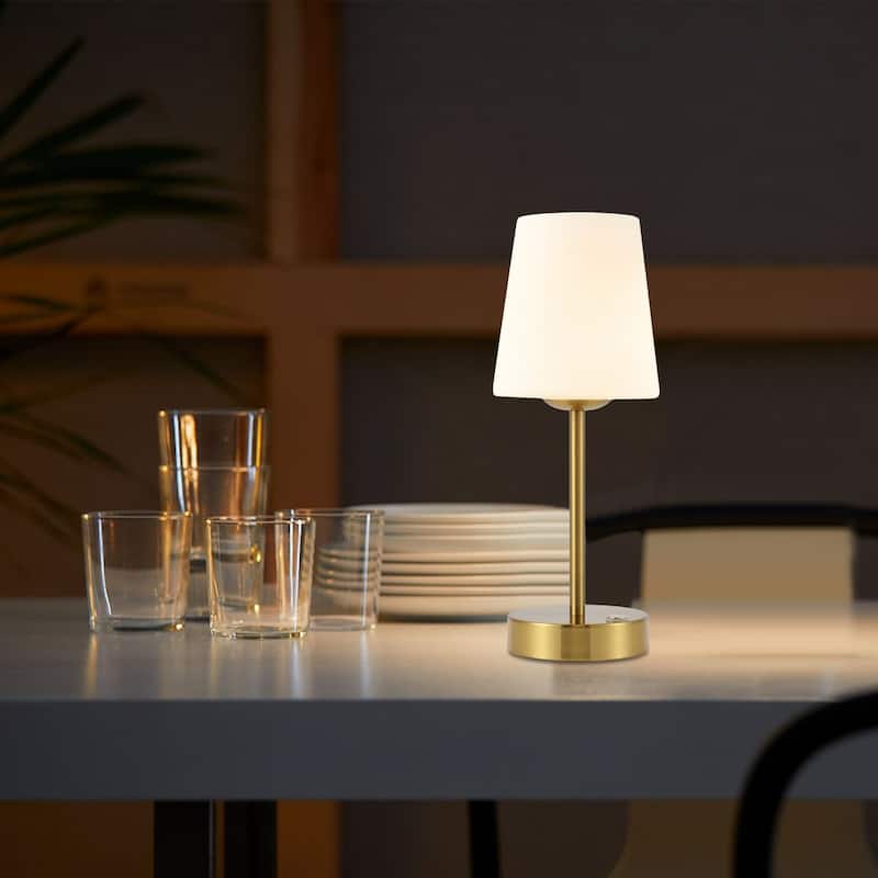 Eli 12.75" Modern Minimalist Iron Wireless Rechargeable Integrated LED Table Lamp, Nickel/White by JONATHAN Y