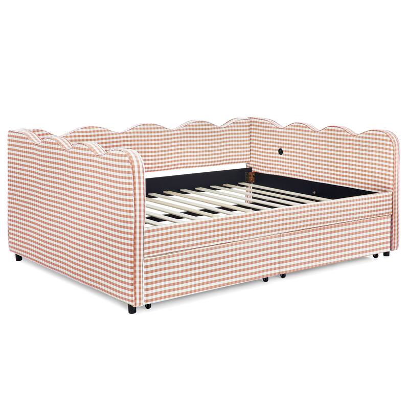 Full Size Upholstery Daybed with 2 Storage Drawers and USB Port, Linen Fabric Sofa Bed with Plaid Pattern and Wavy Silhouette