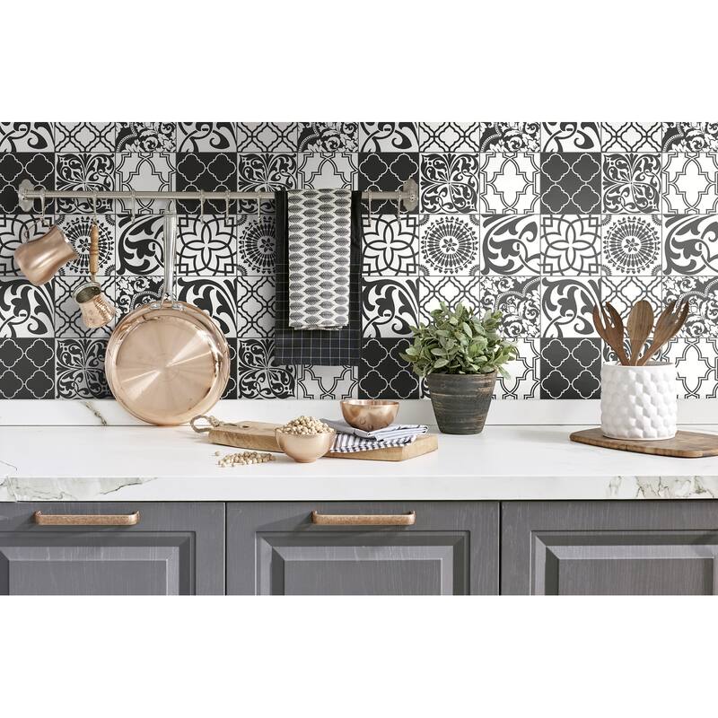 NextWall Black and White Graphic Tile Peel and Stick Wallpaper - 20.5 in. W x 18 ft. L
