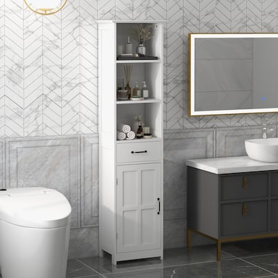 kleankin Slim Bathroom Storage Cabinet, Tall Bathroom Cabinet, Linen Tower with Drawer, Door and Adjustable Shelf, White