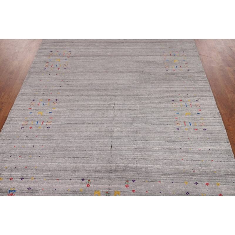 Gray & Green Striped Gabbeh Oriental Area Rug Handmade Silk Carpet - 5'2" x 7'10"