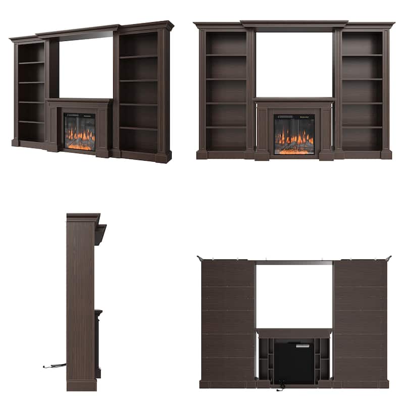 Electric Fireplace Mantel with Bookshelves, 115.5" Entertainment Center with Built-in Shelving