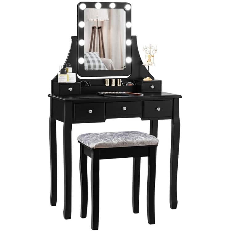 Vanity Dressing Table Set with 10 Dimmable Bulbs and Cushioned Stool - 31.5" x 16" x 53"(L x W x H)