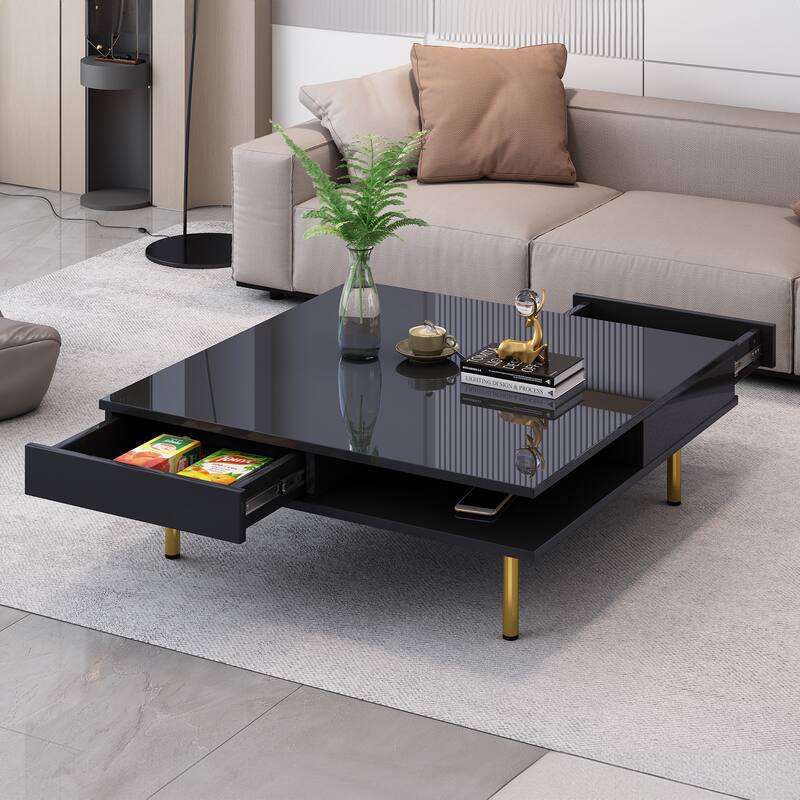 Stylish High Gloss Coffee Table 2 Tier Square Center Table with 4 Gold Legs and 2 Small Drawers, for Living Room - Black