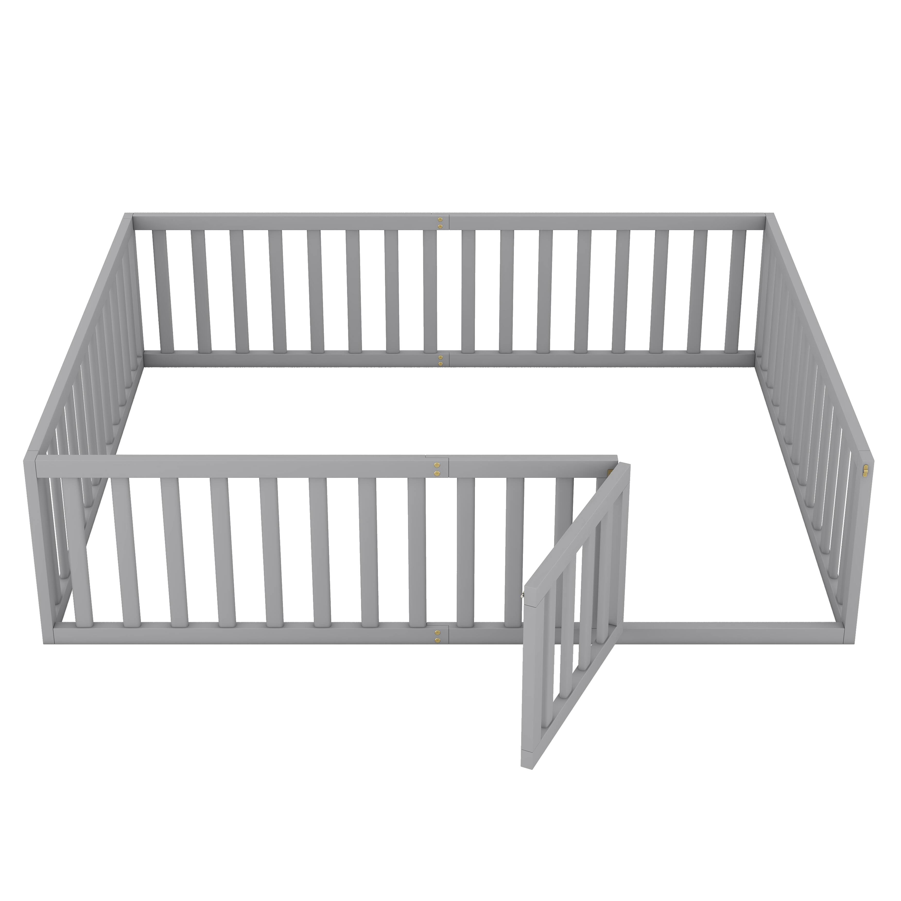 Elegant Queen Size Solid Pine Wood Floor Bed with Fence and Door Bed Bath & Beyond 37629837