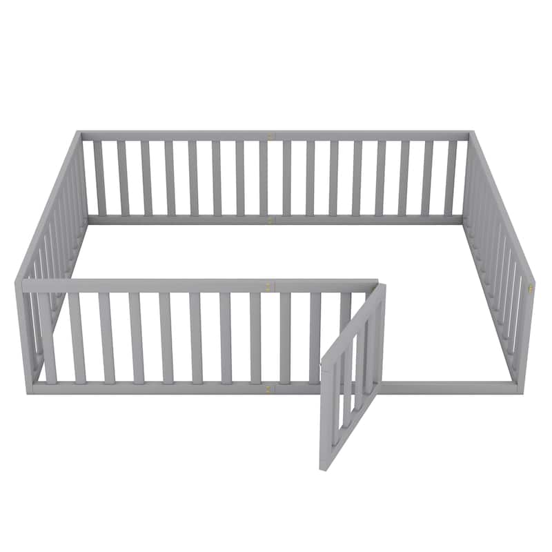 Queen Size Floor Bed with Fence, Wood Bed Frame with Door
