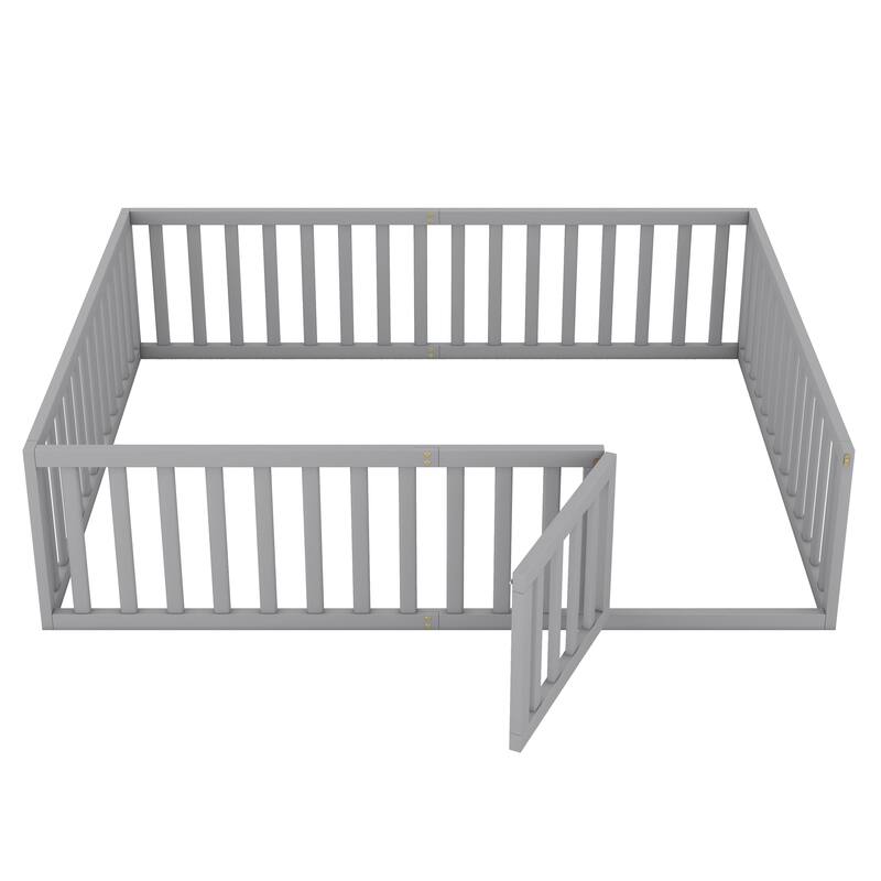 Queen Size Wooden Floor Bed with Fence and Door, Gray
