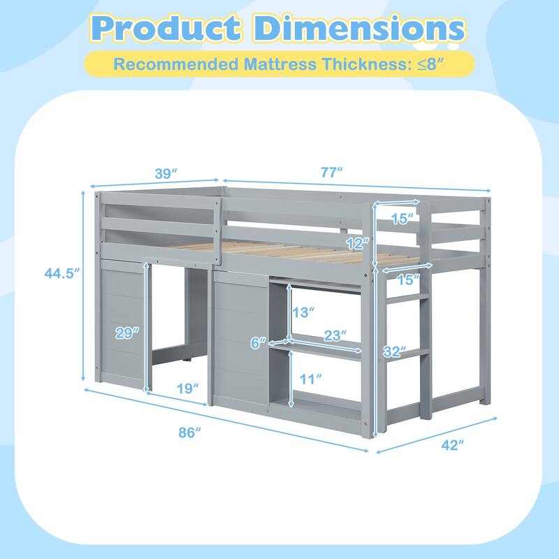 Gymax Twin Size Loft Bed w/ LED Lights 2 Doors Underbed Space &