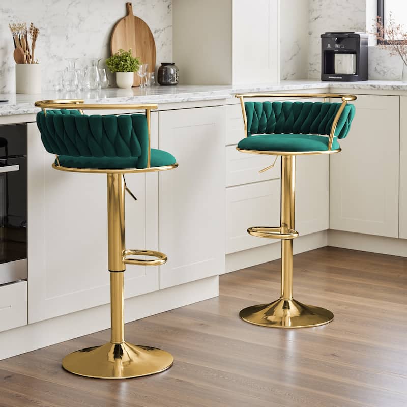 Set of 2 Velvet Adjustable Swivel Bar Stools - Gold/Dark Green