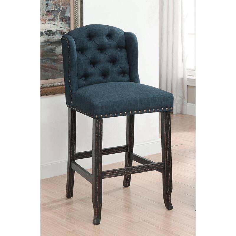 Tays Rustic Linen Tufted Bar Height Chairs (Set of 2) by Furniture of America - Blue