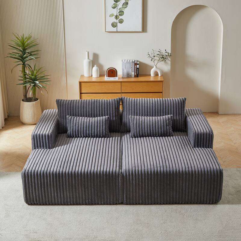 87'' Lounge Chaise Sleeper Sofa - Soft Corduroy Couch with Ottoman Bench and Pillow Support