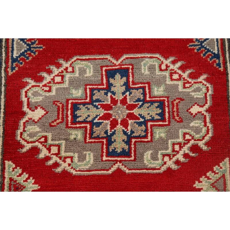 Red Geometric Kazak Oriental Runner Rug Hand-Knotted Wool Carpet - 2'8" x 9'4"