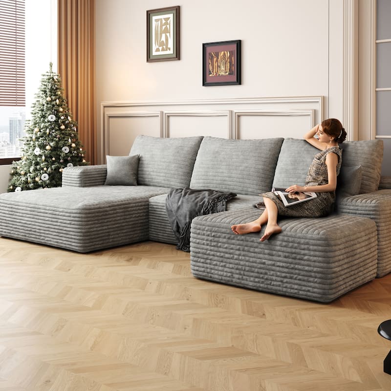 Living Room Corduroy U-shaped Chaise Sectional Sofa with Ottoman, Modern Floor Standing Deep Seat Cloud Upholstered Couch