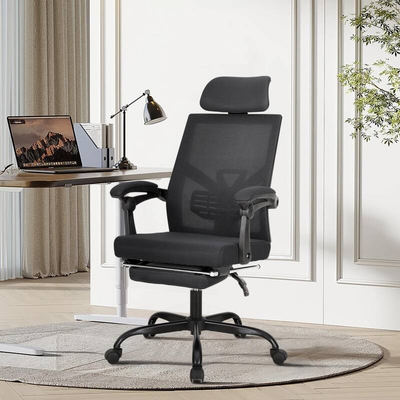 Ergonomic Mesh Office Chair with Adjustable Lumbar Support & Footrest - Black