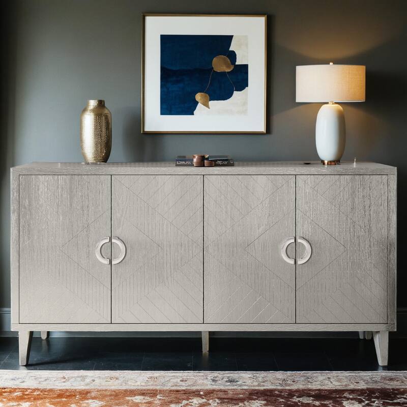 Stylish and Functional 4-Door Storage Cabinet with Pine Legs and MDF, for Living Room Bedroom,and Kitchen - Champagne