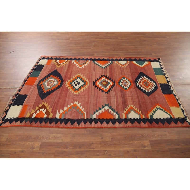 Vegetable Dye Kilim Qashqai Persian Rug Hand-Woven Vintage Wool Carpet - 4'4"x 6'6"