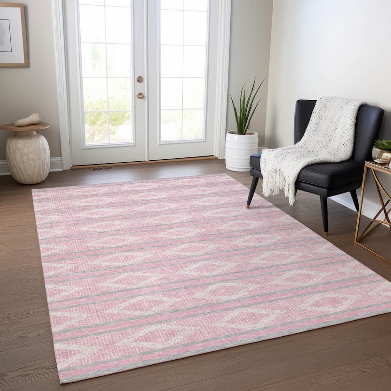 Machine Washable Indoor/ Outdoor Diamond Stripe Chantille Rug - Pink - 10' x 14'