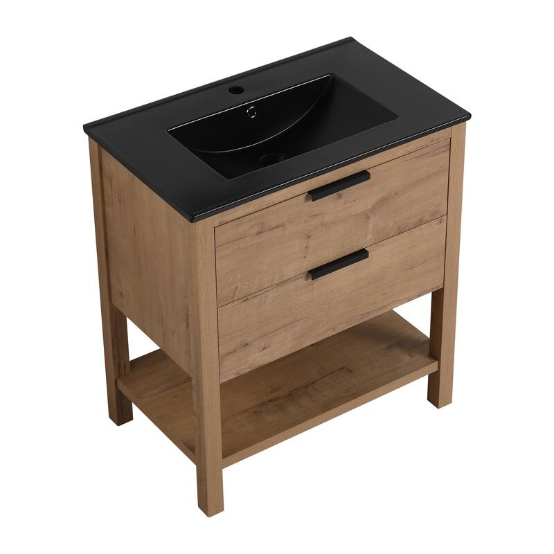 30" Bathroom Vanity with Ceramic Sink, Freestanding, Soft Closing Drawers, 4 Wood Feet, Durable and Water-Resistant