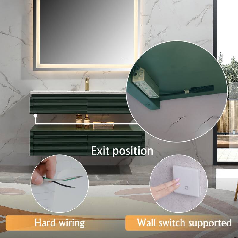 Modland 36/48 Inch LED Floating Vanity with Marble Top & Soft-Close Drawer - Green/White, Wall Drain Ready