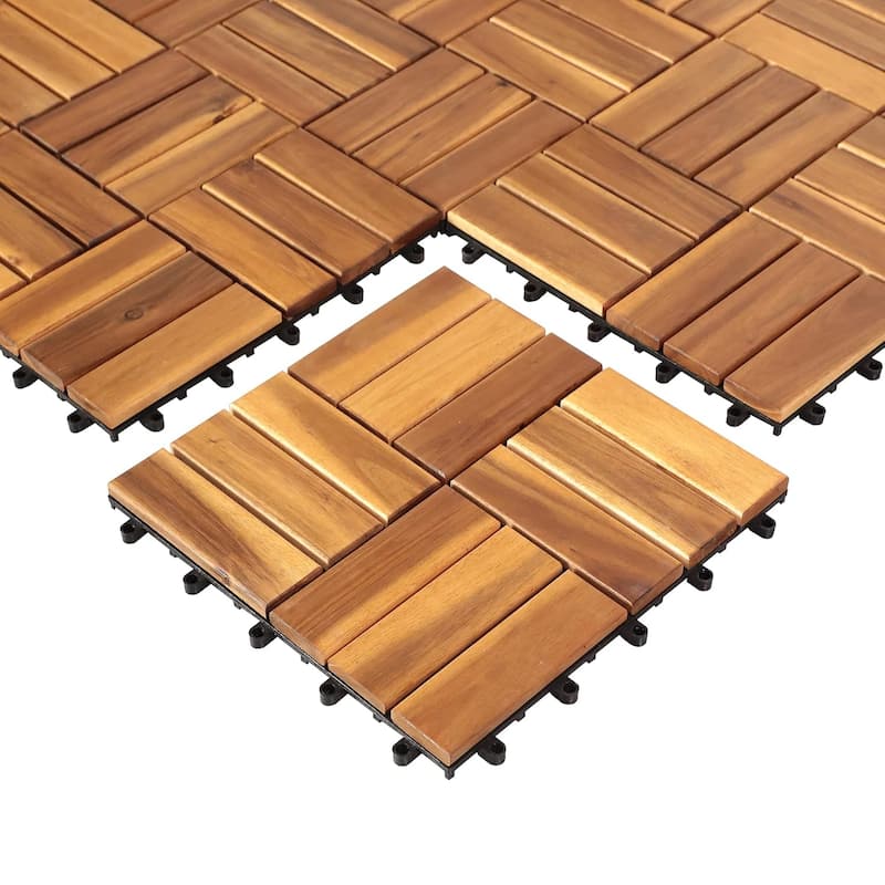 Deck Tiles Interlocking 27 Pack Solid Wood Outdoor Flooring Waterproof 12"X12" for Patio Porch Garden Balcony Poolside - N/A - Natural 12 Slats