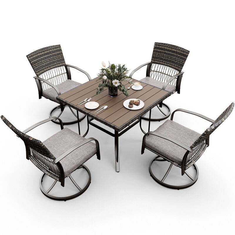 5-Piece Metal Patio Outdoor Dining Set with Square Table and Rattan Swivel Chairs with Cushion