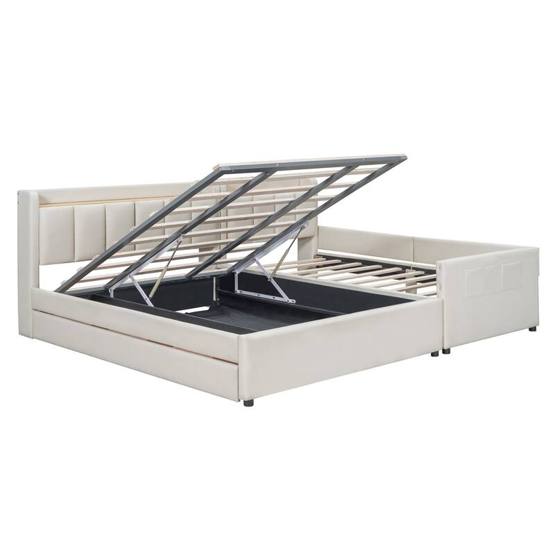 Queen Size Leather Upholstered Platform Bed with Drawer and Sockets
