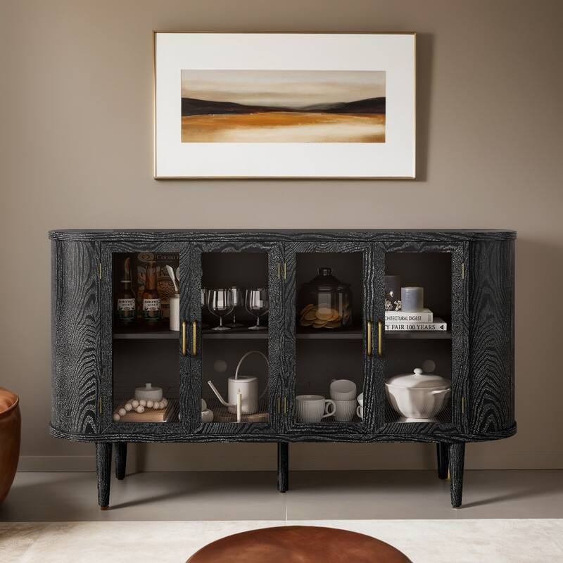 Sideboard Cabinet with Storage, Wood Buffet Cabinet with Glass Doors and Adjustable Shelves for Kitchen